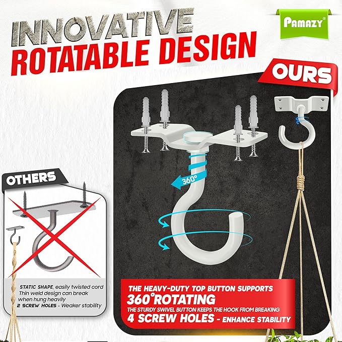 [UPGRADED] 2Pcs 200LBS Rotatable Ceiling Hooks with 4 Screw Points Base, Wall Mount Metal Hanger White Ceiling Hook for Hanging Plant, Bird Feeder, Lights, Bed Canopy, Wind Chime, Indoor Outdoor Decor Pamazy