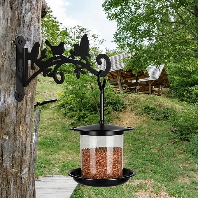 Metal Hanging Plant Bracket with Birdie Pattern 2 Pack – Heavy Duty Plant Hooks for Hanging Flower Baskets，Plants, Bird Feeder, Wind Chime - Indoor/Outdoor Use，Black Matte Texture (12 in) Rootora