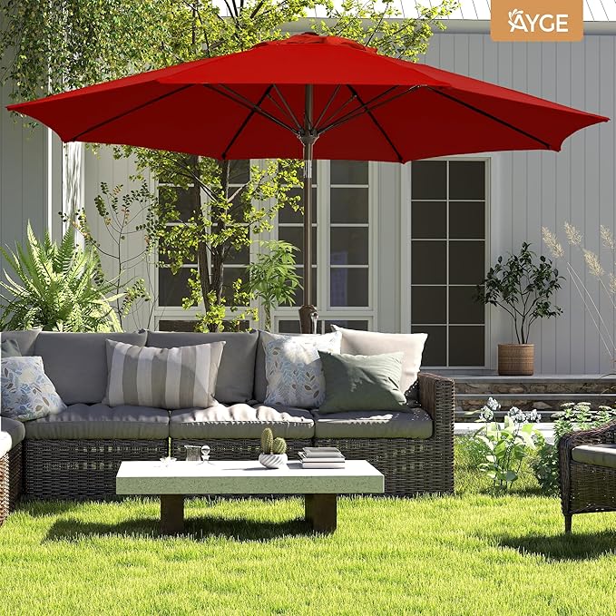 Ayge 9FT Large Outdoor Patio Umbrella Market Table Umbrella-UV Resistant, Easy Push Button Tilt and Crank, 8 Sturdy Fiberglass Ribs Heavy-Duty Pool Umbrella for Deck, Backyard,Garden,Red AYGE