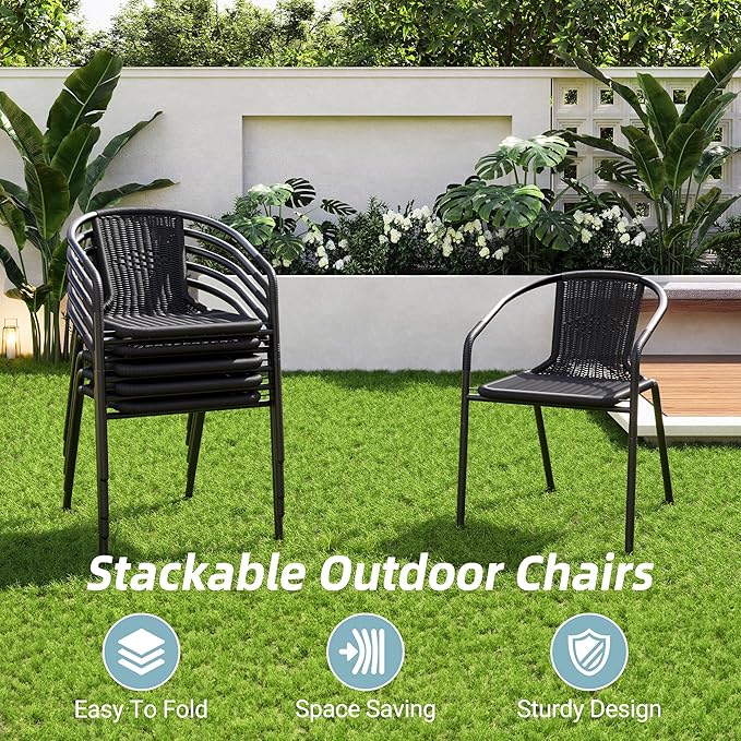 Amopatio Outdoor Dining Chairs Set of 6, Rattan Patio Chairs Wicker, Stackable Indoor-Outdoor Chair, Bistro, Deck, Yard, Porch, Restaurant Stack Chairs, Black Amopatio