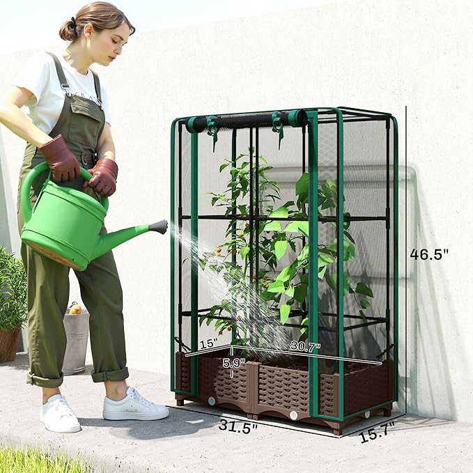 Outsunny Raised Garden Bed with Trellis, 46.5" Tomato Cage with Crop Cage, Self Watering Planter Box with Drainage Holes and Plugs for Outdoor Patio Climbing Plants, Vines, Vegetables, Flowers, Green Outsunny
