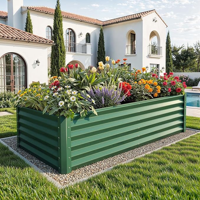 YITAHOME 6x3x3ft Large Raised Garden Bed Kit, Galvanized Metal Planter Box with Gloves, Support Rod, Outdoor Above Ground Planters for Plants Vegetables Flowers, Green YITAHOME