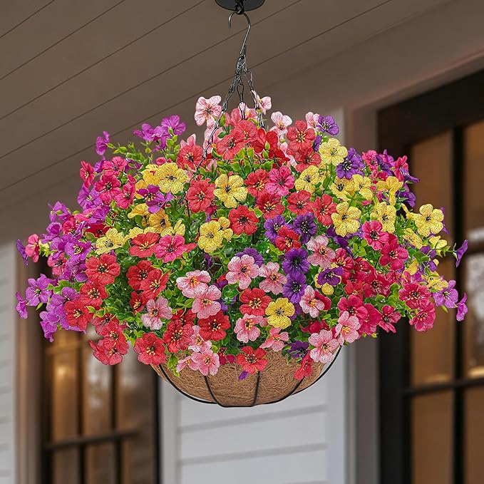 2 Set Artificial Faux Hanging Plants Flowers Basket for Outdoors Spring Summer Decoration, 2 Hanging Planters with 24pcs Fake Silk Flowers UV Resistant for Outside Porch Patio Garden Home 6 Multicolor Tiabean