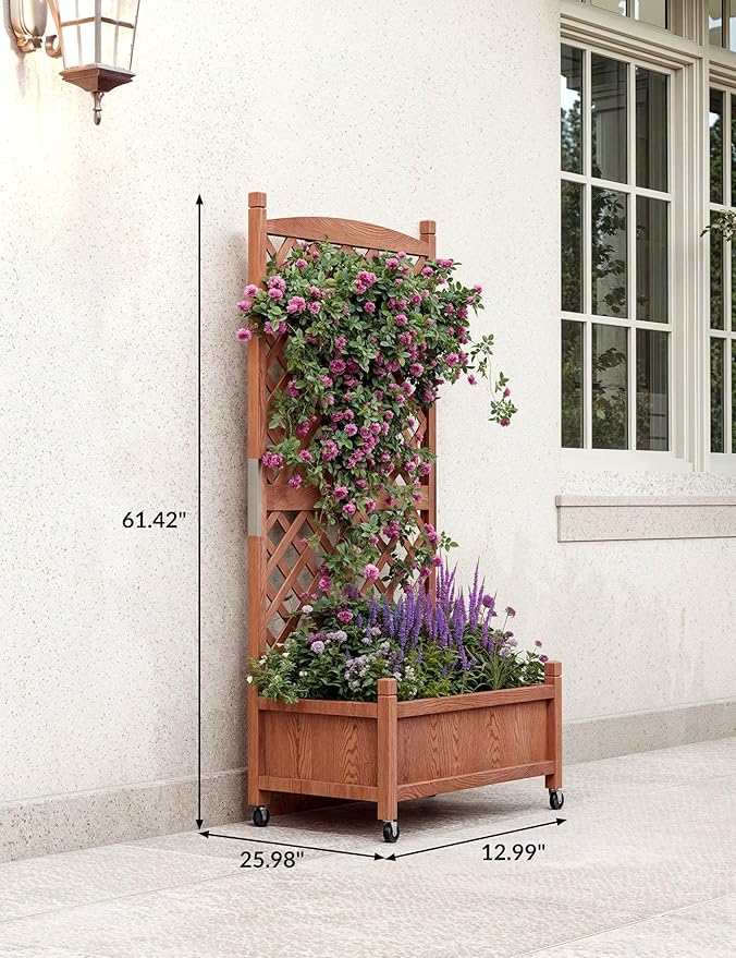 GarveeLife 2-Pack Tall Wood Planter Box with Trellis, 61.5" H Raised Garden Bed on Wheels, Vertical Stand Planter with Drainage Holes for Patio, Balcony & Outdoor Garden GarveeLife