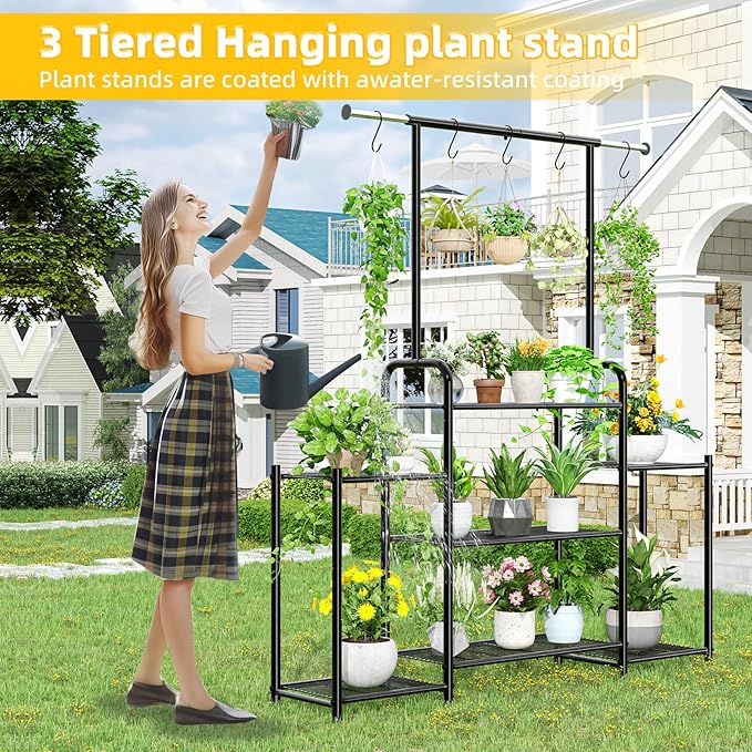 Simple Trending Plant Stand Indoor Outdoor, Metal 3 Tier Tall Hanging Plant Shelf for Multiple Flower Planter Large Heavy Duty Ladder Plant Holder for Garden, Black SimpleTrending