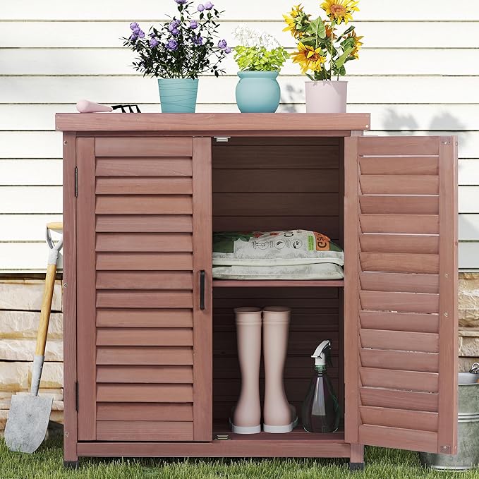 Outdoor Potting Bench with Storage Cabinet and Metal Top, Wood Workstation for Outdoor Patio, Garden (Dark Brown, 31x17x36‘’) Wood-Natrl