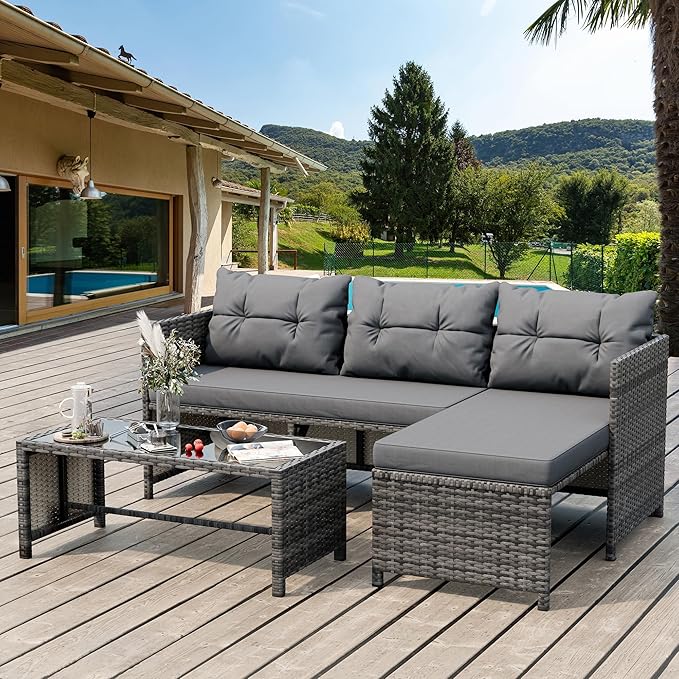 Shintenchi 3-Piece Outdoor Patio Furniture Sets, Wicker Patio Conversation Sets, All Weather Wicker Rattan Patio Seating Sofas with Glass Coffee Table and Cushion, Gray Shintenchi