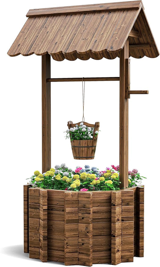 UDPATIO Wishing Wells for Outside, Wooden Wishing Well Planter for Yard, Upgrade Wishing Well with 4 Reinforced Rod & Hanging Bucket for Garden Patio Lawn Backyard Home Decor UDPATIO