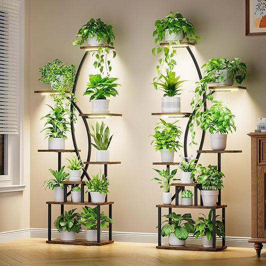 Plant Stand Indoor with Grow Lights - 8 Tiered Tall Plant Shelf, 65" Metal Corner Shelf for Indoor Plants Multiple, Large Curved Half-Moon Flower Holder Stand Display Rack for Patio, Home, 2 Pack JUSTOGO