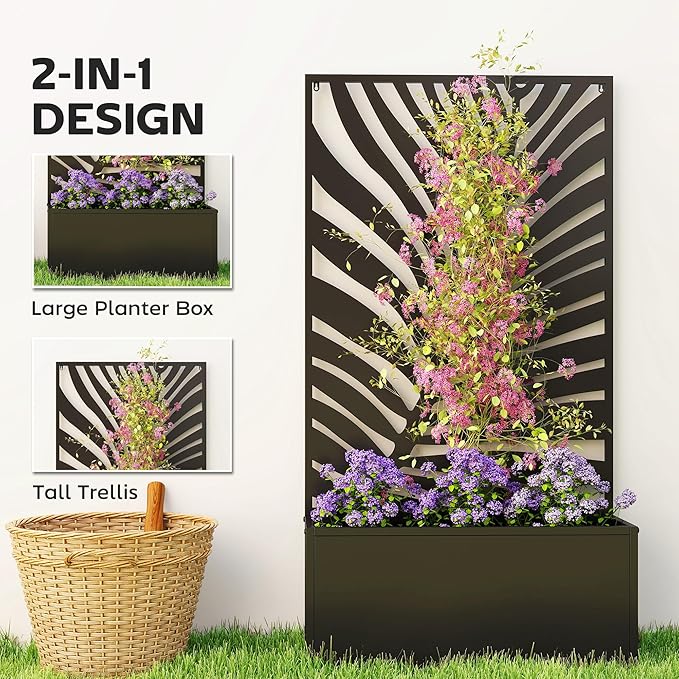 Outsunny Metal Raised Garden Bed with Trellis for Climbing Plants, Freestanding or Wall Mounted Flower Bed with Privacy Panel, Large Leaf Cut-Out Outdoor Planter Box for Garden, Patio, Balcony Outsunny