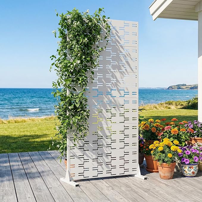 Casaphoria Metal Privacy Screen Outdoor, 72" H x 35" W Freestanding Decorative Privacy Screen for Patio Deck Balcony Garden with Stable Base, White-Brick Casaphoria
