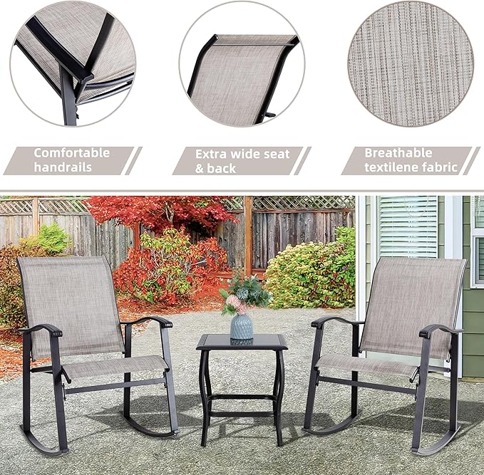 Vongrasig 3 Piece Outdoor Rocking Bistro Set, Textilene Fabric Small Patio Furniture Set, Front Porch Rocker Chairs Conversation Set with Glass Table for Lawn, Garden, Balcony, Poolside (Taupe) Vongrasig