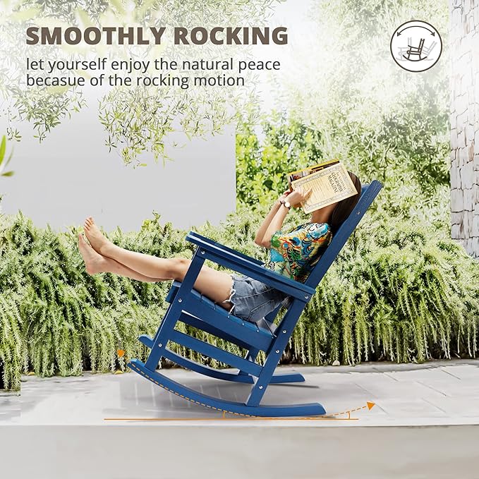LUE BONA Outdoor Rocking Chairs Set of 2, Weather Resistant Poly Plastic Rocker Chairs, 350lb Heavy Duty, Oversized Porch Rocker for Adult, High Back Smooth Rocking Chairs for Outdoor & Indoor, Blue LUEBONA