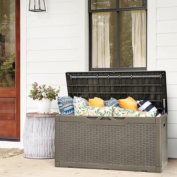 Flamaker Deck Box with Cushion 100 Gallon Waterproof Resin Storage Box with Air Rod Indoor Outdoor Lockable Storage Bench for Patio Furniture, Tools, Pool Accessories (Brown) Flamaker