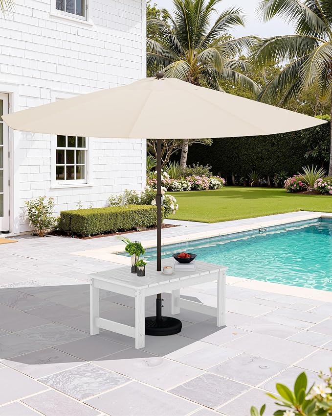 SERWALL Outdoor Coffee Table with 9FT Umbrella, HDPE Patio Coffee Table for Outside, Rectangle, White(Not Include Umbrella Base) SERWALL