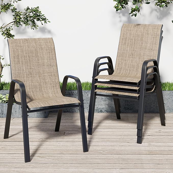 Patio Chairs Set of 4, Stackable Outdoor Dining Chairs for All Weather Textilene Fabric & Metal Frame, Outdoor Chairs Set for Backyard Deck Garden (Brown, Set of 4) Vimstora