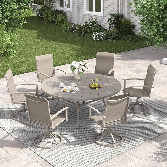 VICLLAX 50" Outdoor Round Patio Table with Umbrella Hole, All Weather Metal Round Outdoor Dining Table for Lawn Garden, 6-8 Person Table, Sandshell HOME