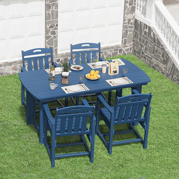 HDPE Outdoor Patio Dining Set with Table & 4 Chairs, All-Weather 5-Piece Outdoor Table and Chairs, 2" Umbrella Hole, Patio Furniture for Garden, Backyard, Deck | Navy Blue Suunyn