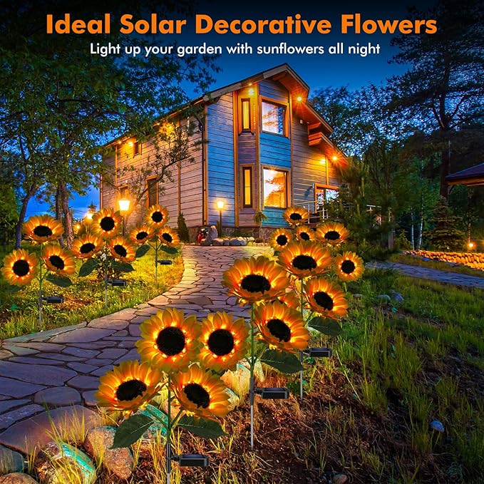 Solar Sunflower Lights, 800mA Solar Garden Light with Real Looking Flowers Outdoor Waterproof Solar Stake Lights for Back Yard, Flower Bed, Pathway, Patio, Porch, Fall Decoration (4 Pack) Meagoo