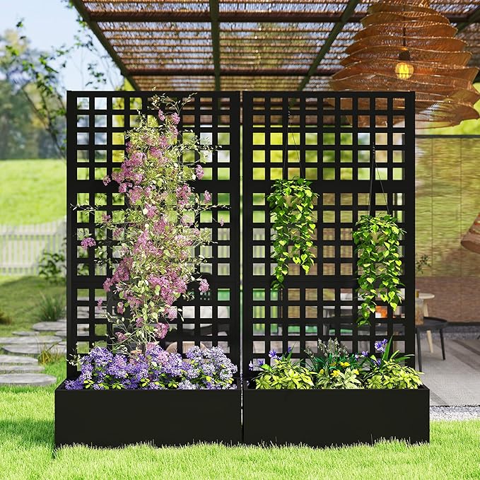 Outsunny Galvanized Raised Garden Bed with Trellis, Metal Planter Box with Drainage Holes, Outdoor Privacy Screen for Climbing Plants, Vegetable, Vines, 35" x 16" x 70", Black Outsunny