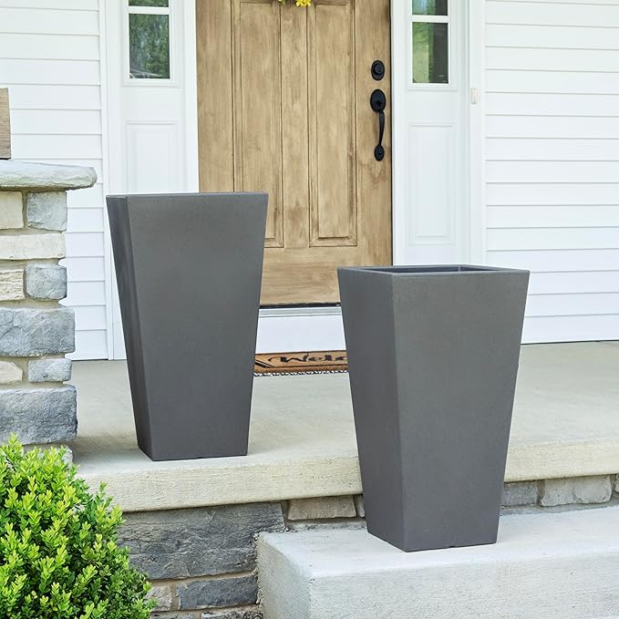 Step2 Tremont Tall Square Tapered Planter, Large Planters for Outdoor Plants, Gardening and Flower Pot for Patio or Porch, Efficient Drainage, Durable Plastic, Dark Cedar, 2-Pack Step2
