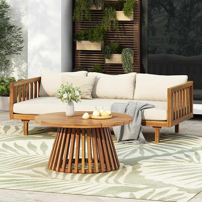 Merax Outdoor Acacia Wood Conversation Set - Patio 3-Seat Loveseat Sofa w/Coushion and Round Coffee Table for Backyard, Lawn, Balcony, Beige +Teak Merax