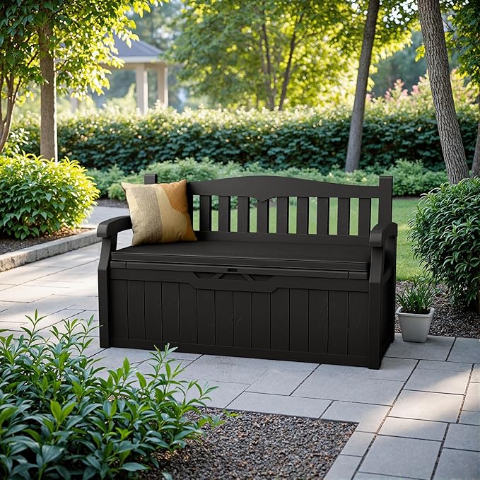 Devoko 80 Gallon Storage Bench with Cushion, Lockable Deck Box for Patio Furniture, Garden Decor and Outdoor Seating for Cushions, Garden Tools and Pool Supplies (Black, 80 Gallon with Cushion) DEVOKO