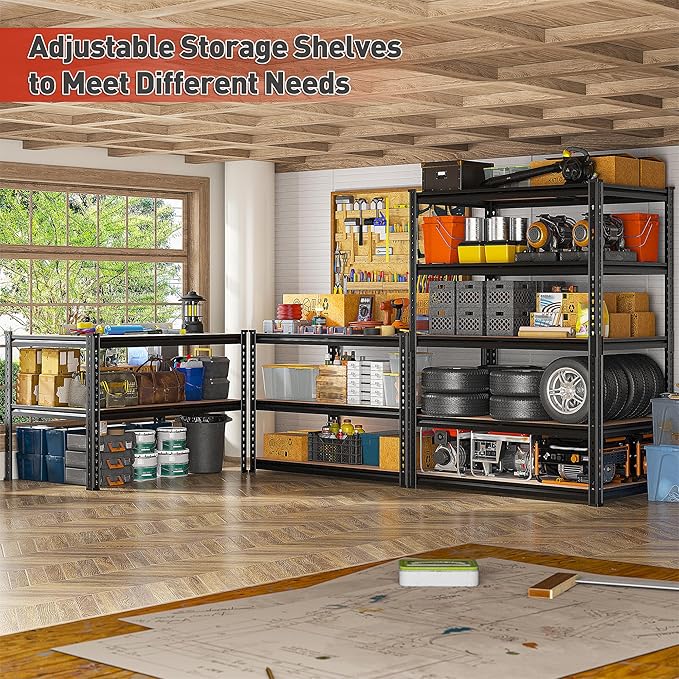 REIBII 2400LBS Storage Shelves 5 Tier Garage Shelving Heavy Duty, Adjustable Metal Shelving, Garage Shelves for Basement, Warehouse, Pantry, Closet, Kitchen 72" H x 35.55" W x 16" D, Black, 3 Pack REIBII