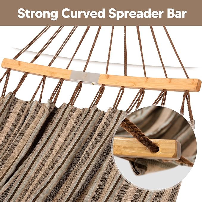 SUNCREAT Hammocks Double Hammock with Curved Spreader Bar, Outdoor Camping Portable Hammock with Carrying Bag & Tree Straps for Patio, Backyard, Balcony, Max 450lbs Capacity, Brown SUNCREAT