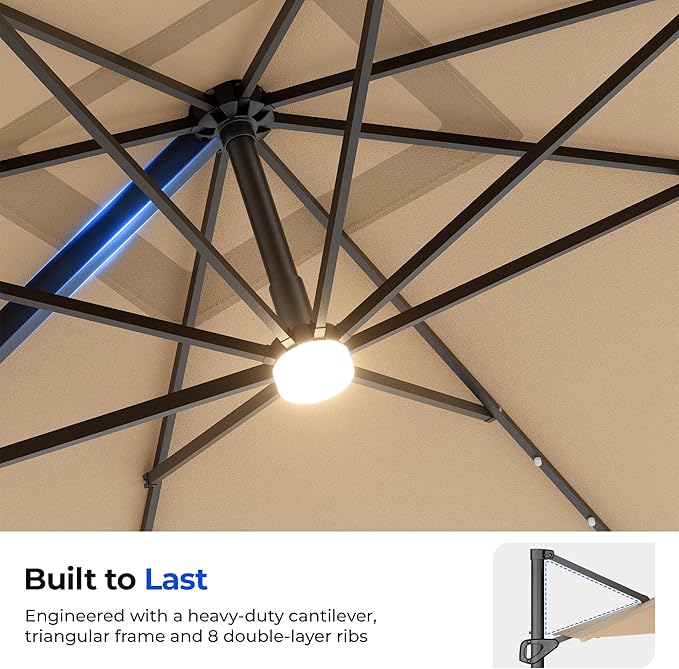 HOMSHADE 10 ft Square Cantilever Patio Umbrella with Base Included, Solar Lights Large Umbrella Outdoor Patio with 360°Rotation&Tilting, LED Lighted Offset Umbrellas w/Stand for Pool Deck HOMSHADE
