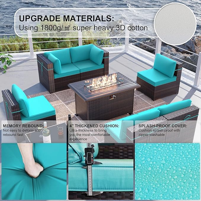 Kullavik 8 Pieces Outdoor Patio Furniture Set with 43" 55000BTU Gas Propane Fire Pit Table PE Wicker Rattan Sectional Sofa Patio Conversation Sets,Blue KULLAVIK