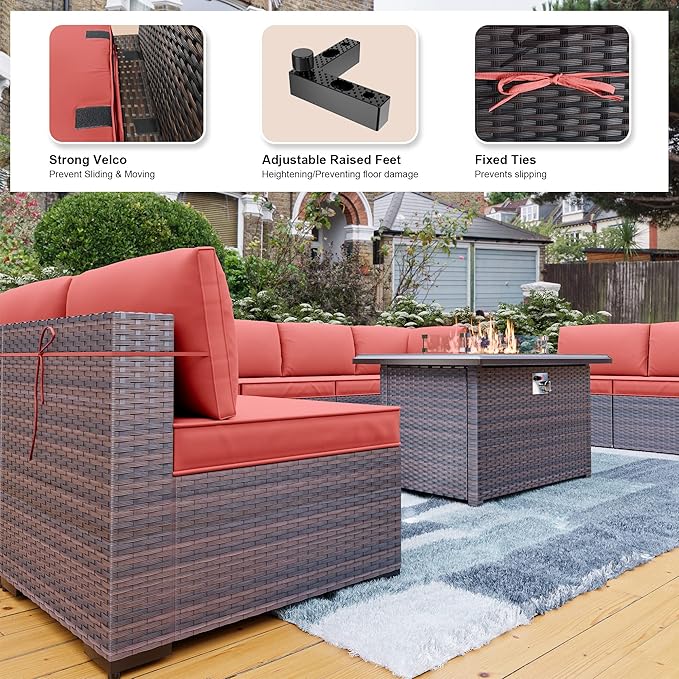 Kullavik 10 Pieces Outdoor Patio Furniture Set with 43" 55000BTU Gas Propane Fire Pit Table PE Wicker Rattan Sectional Sofa Patio Conversation Sets,Red KULLAVIK