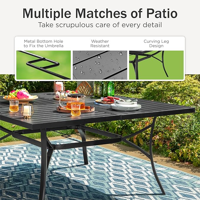 PHI VILLA Large Outdoor Square Dining Table for 8, 60" Metal Steel Slat Table with Umbrella Hole, Weather-Resistant Dining Fruniture for Patio, Deck, Backyard, Porch - Black PHIVILLAThepioneerofcomfortablehouseholdsupplies