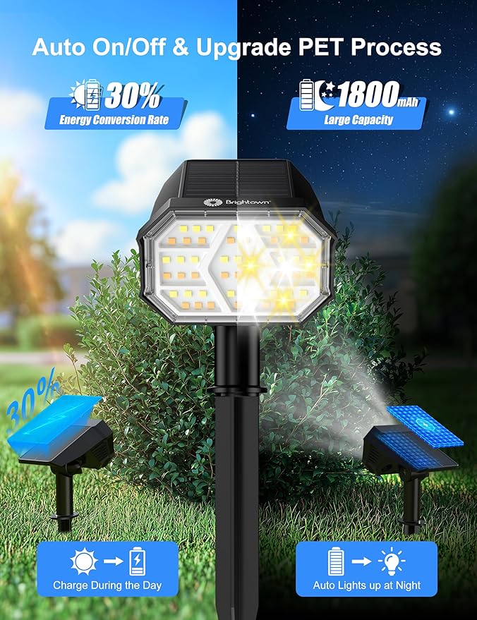Brightown 4Pack Solar Spot Lights Outdoor [Cool & Warm Light 2-in-1], IP67 Solar Lights Outdoor Waterproof with 1800mAh, Two Mounting Methods Outdoor Solar Lights for Yard, Garden and Pathway Brightown