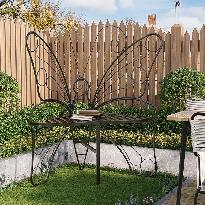 Butterfly Shaped Outdoor Bench, Black Garden Bench for Outdoor with Sturdy Stable Metal Frame, Butterfly Chair Butterfly Bench Outdoor for Garden, Yard, Balcony, Lawn (Black) HAVENLYYOUTH