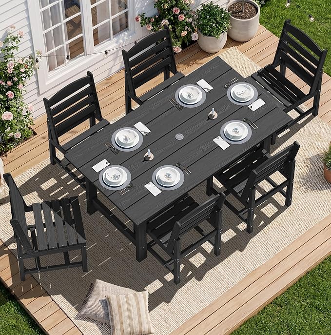 SERWALL Patio Dining Sets for 6 Person, HDPE Dining Set with 6 Armless Chairs, Black SERWALL