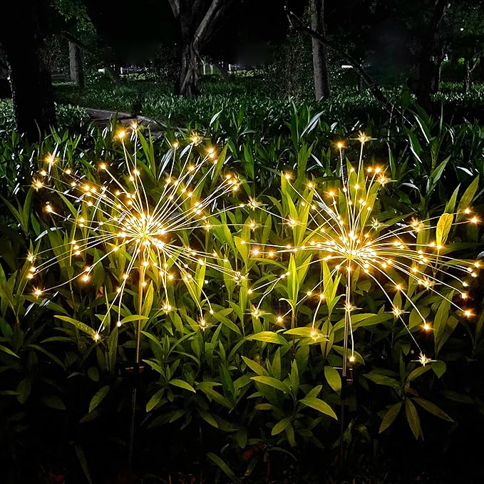 JJGoo Solar Firework Lights, 2 Pack 180 LEDs 2 Lighting Modes Solar Lights Outdoor Waterproof for Garden Patio Walkway Pathway Party Wedding Christmas Decorative - Warm White JJGoo