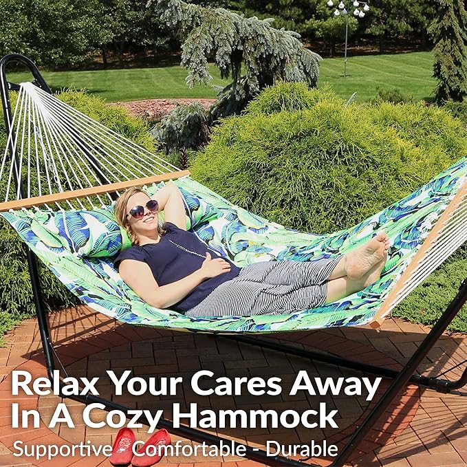 Sunnydaze Quilted Outdoor Hammock with Spreader Bars - Heavy-Duty 450-Pound Capacity Double Hammock for Outside - Exotic Foliage SunnydazeDecor