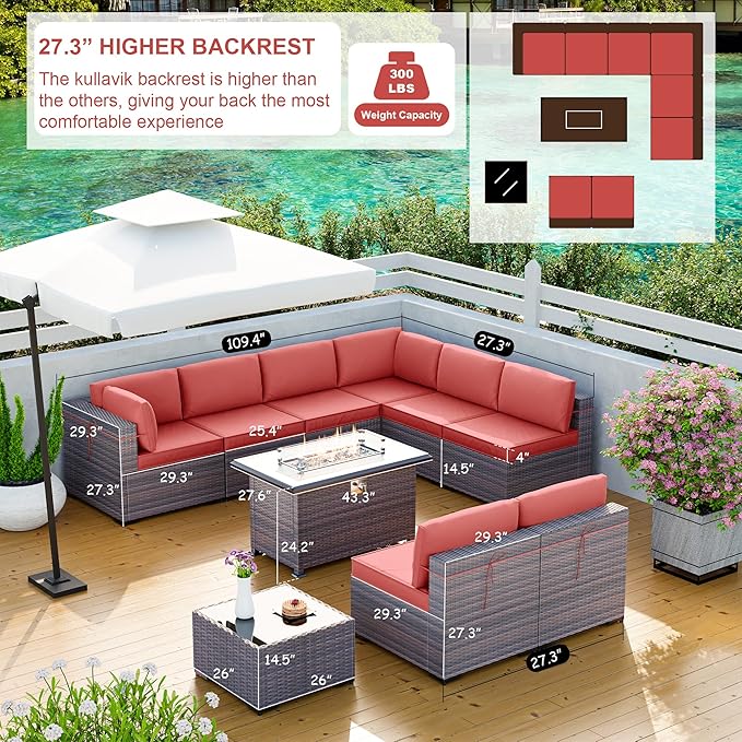 Kullavik 10 Pieces Outdoor Patio Furniture Set with 43" 55000BTU Gas Propane Fire Pit Table PE Wicker Rattan Sectional Sofa Patio Conversation Sets,Red KULLAVIK
