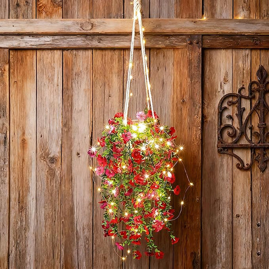 Comtelek Artificial Flowers for Outdoors Fake Hanging Plants with Lights, 4pcs Silk Flowers UV Resistant Realistic Hanging Planter Faux Flower for Outside Porch Patio Home Garden Yard Decor Comtelek