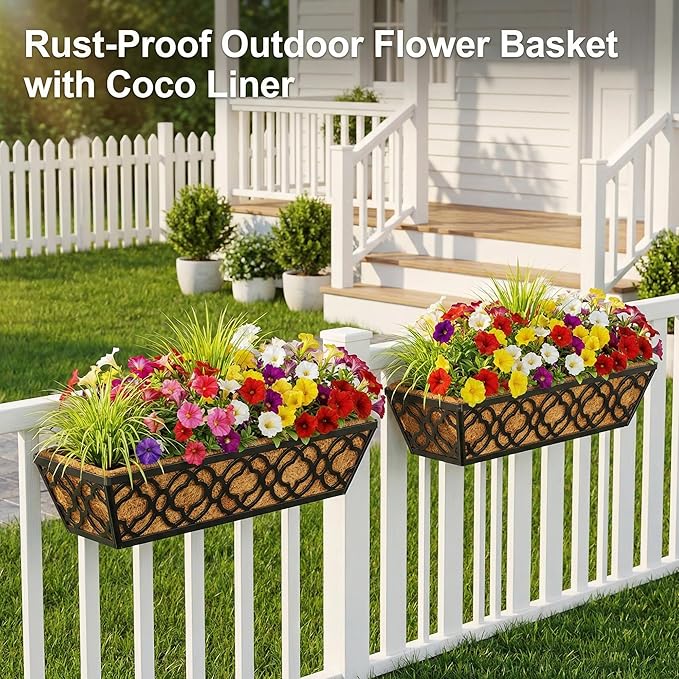 HFHOME 4 Pcs 30" Window Box Deck Railing Planter with Horse Trough Coco Liners, Black Metal Hanging Flower Planters Baskets for Indoor, Outdoor, Balcony, Porch, Fence, Patio, and Lawn HFHOME