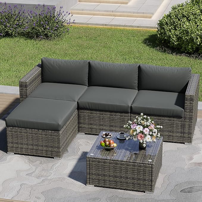 5 Piece Outdoor Patio Sectional Furniture Set, Weather Resistant Rattan Outside Couch, Waterproof Conversation Sofa for Balcony, Porch, Backyard, Deck, Garden, Grey MayinColor