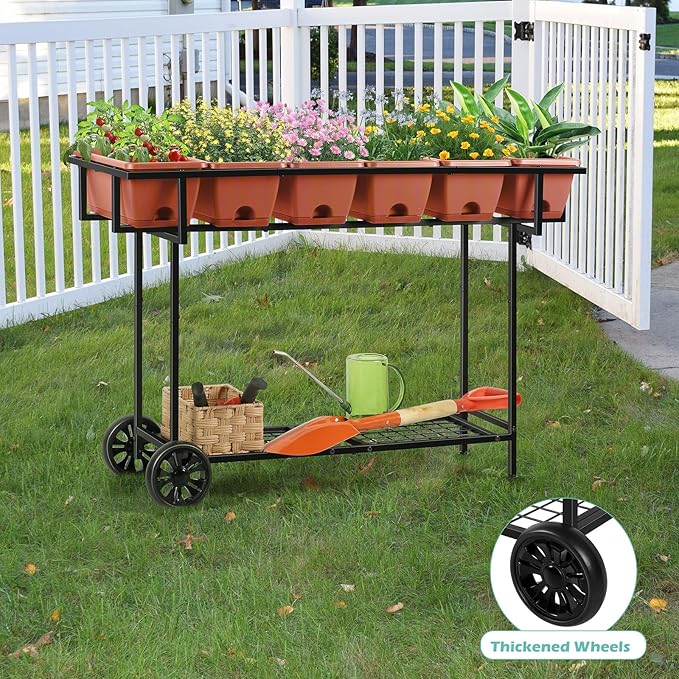 YBING Elevated Garden Bed with Wheels Outdoor 42x17x30in Elevated Raised Planter Box Stand 6 Pocket Herb Garden Planter with Storage Shelf for Balcony Patio, Red YBING