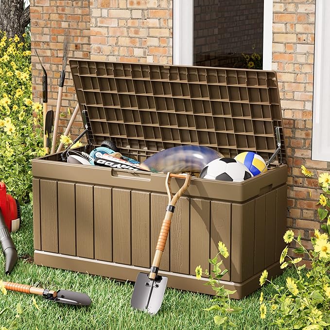 Greesum 82 Gallon Resin Deck Box All Weather Large Outdoor Storage for Patio Furniture, Toys, Garden Tools, Lockable, Brown BuynowfromGreesum