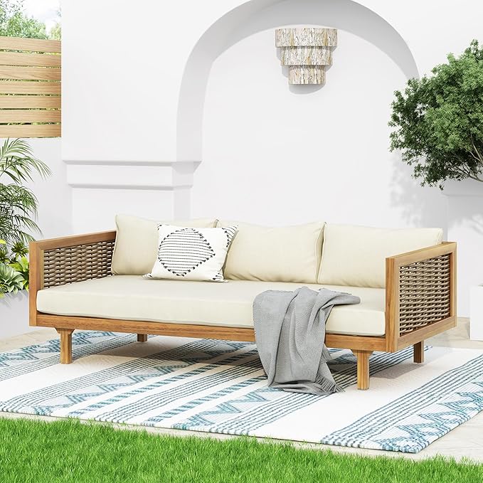 Merax Outdoor Acacia Wood Conversation Set - Patio 3-Seat Loveseat Sofa w/Coushion and Round Coffee Table for Backyard, Lawn, Balcony, Beige +Teak Merax