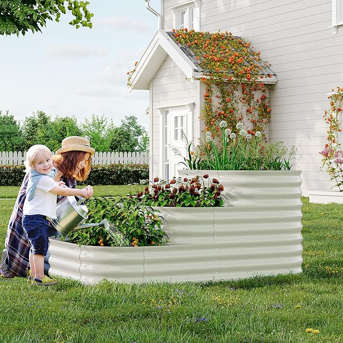 GarveeLife Galvanized Tiered Raised Garden Bed Kit with Open Base – 43x63x31.5 Oval Ground-Connected Planter for Vegetables, Herbs & Flowers (Modular 3 in-1Design),Beige GarveeLife