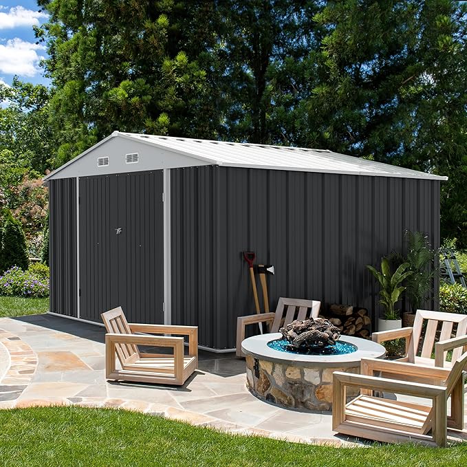 Devoko 10 x 8 FT Outdoor Storage Shed, Metal Garden Sheds & Outdoor Storage Clearance, Large Tool Shed Outdoor with Single Lockable Door for Patio Lawn Backyard (Gray) DEVOKO