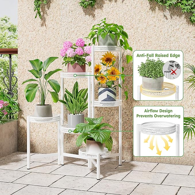 6 Tier Metal Plant Stand, 6 Potted Multiple Flower Pot Holder Shelf, Indoor&Outdoor Folding Planter Display Shelves for Patio Garden, Living Room, Corner Balcony, Bedroom - WhiteWave Rootora