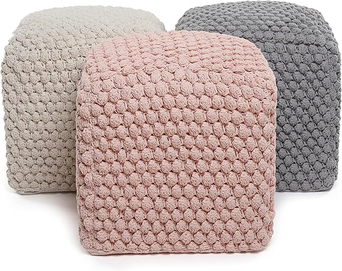 BIRDROCK HOME Buds Pouf Foot Stool Ottoman - Knit Bean Bag Floor Chair - Cotton Braided Cord - Great for The Living Room, Bedroom and Kids Room - Small Furniture (Dusty Rose - Buds) BIRDROCKHOME