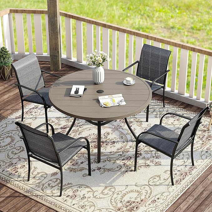 VICLLAX 5 Pieces Patio Dining Set for 4, Outdoor Furniture Set Includes 40.7" Round Patio Table and 4 Patio Stackable Chairs, Grey Wood Grain Tabletop and Grey Fabric HOME